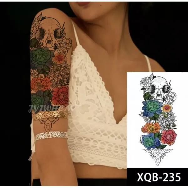 Skull Floral Print Non Toxic Skin Friendly Easy Pasting Tattoo - Multicolor