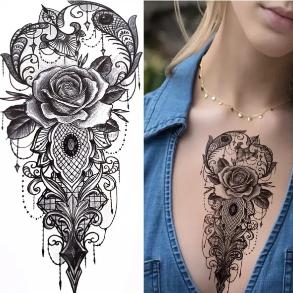 Rose Print Non Toxic Skin Friendly Easy Pasting Tattoo - Black