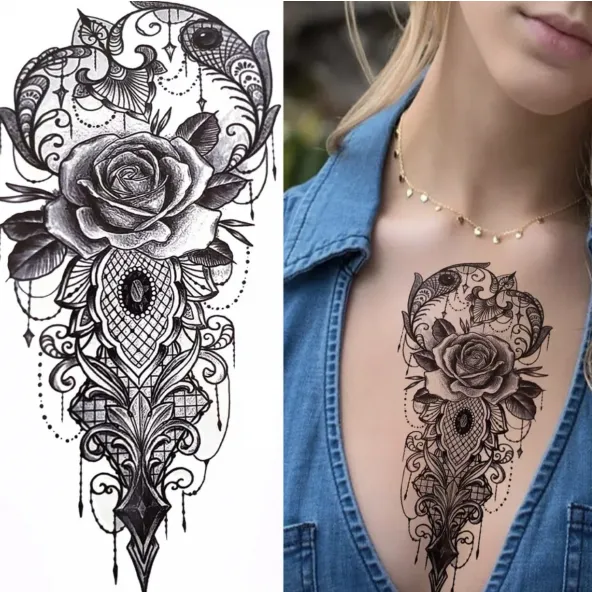 Rose Print Non Toxic Skin Friendly Easy Pasting Tattoo - Black