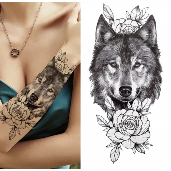 Non Toxic Wolf Print Vintage Style Tattoo - Black