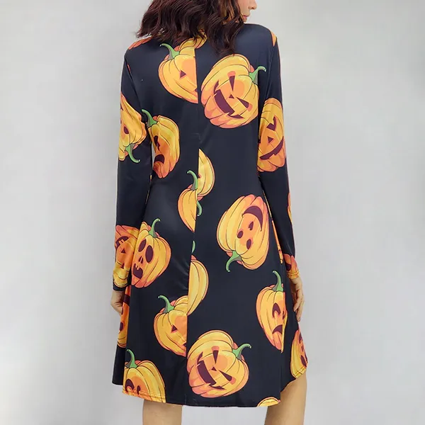Halloween Pumpkin Print Long Sleeve Dress
