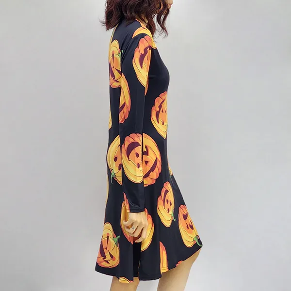 Halloween Pumpkin Print Long Sleeve Dress