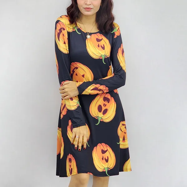 Halloween Pumpkin Print Long Sleeve Dress