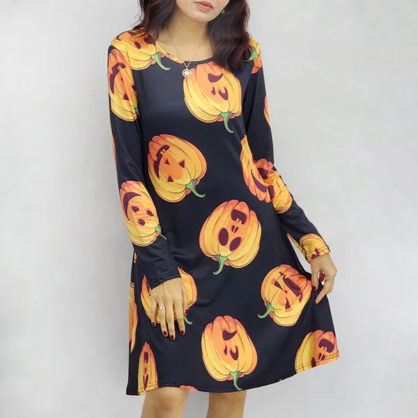 Halloween Pumpkin Print Long Sleeve Dress