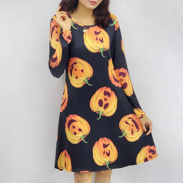 Halloween Pumpkin Print Long Sleeve Dress