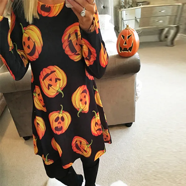 Halloween Pumpkin Print Long Sleeve Dress