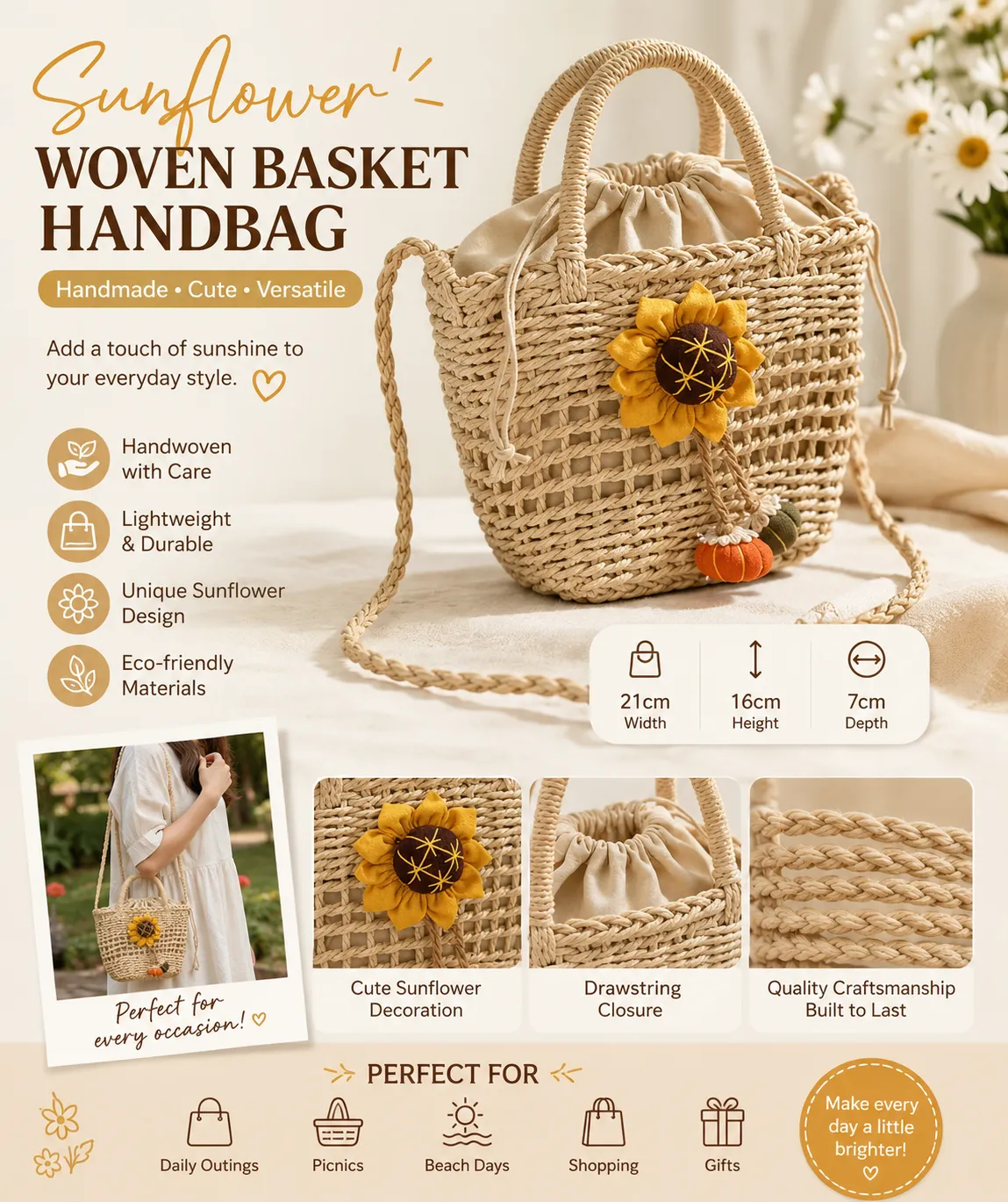 Sunflower Woven Basket Handbag