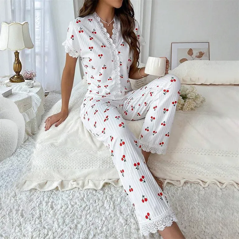 women printed short sleeve lace pajama set