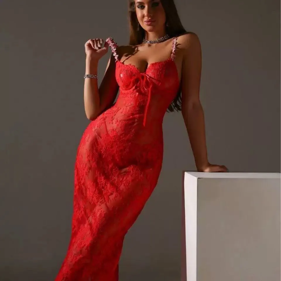 lace mesh night wear long dress