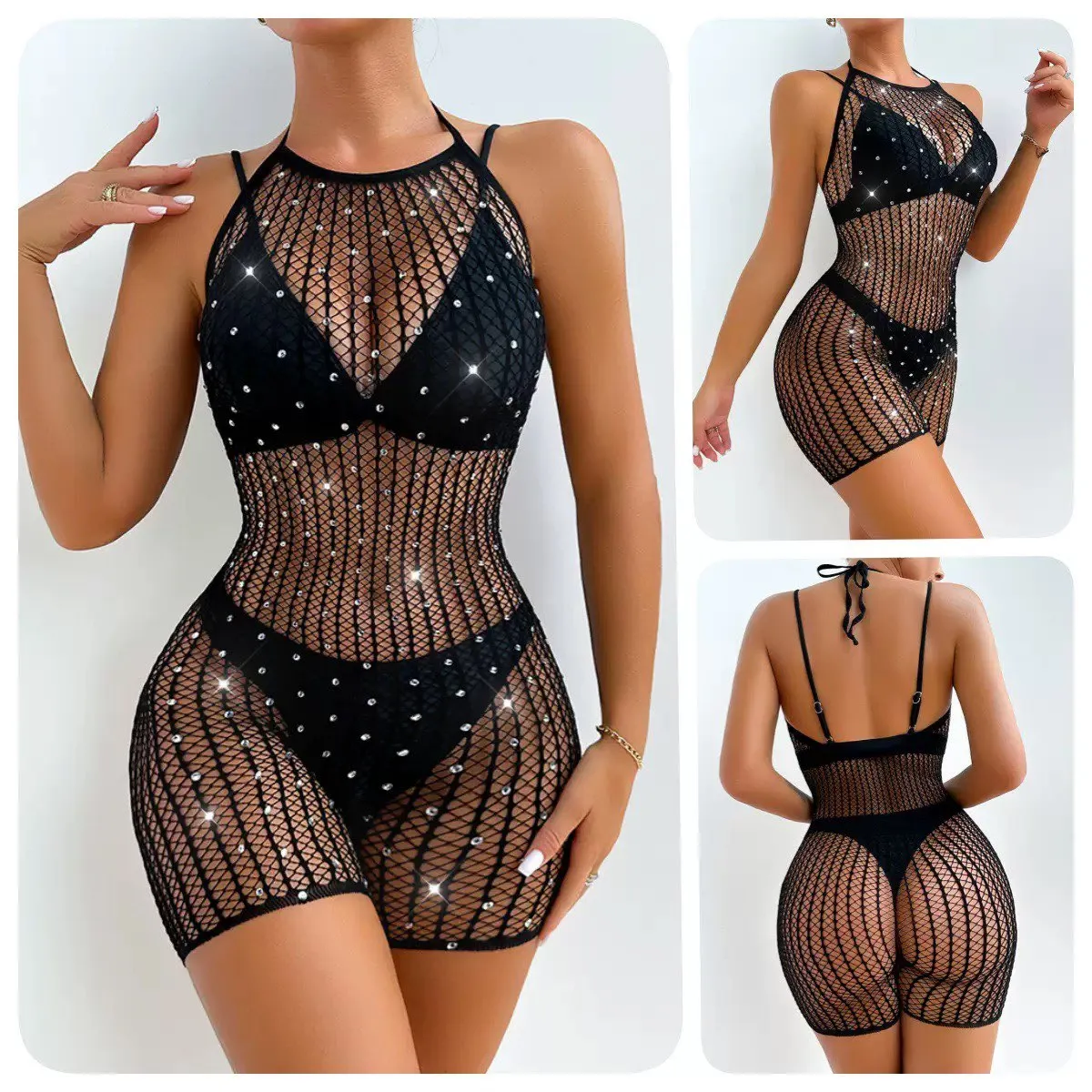 Mesh Hanging Neck Strap Jumpsuit Hot Diamond Integrated Sleep Wear
