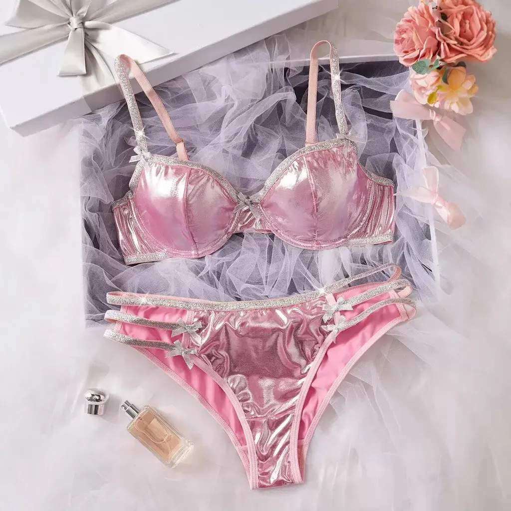 Gilded Glitter Lingerie Set, Silver Ribbon Decorated Lingerie Bra And Panties For Nightwear