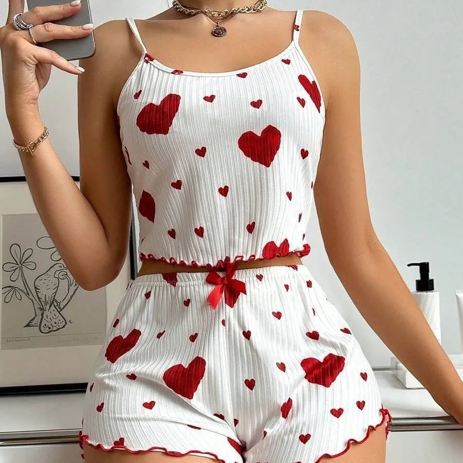heart printed cami short pajama set