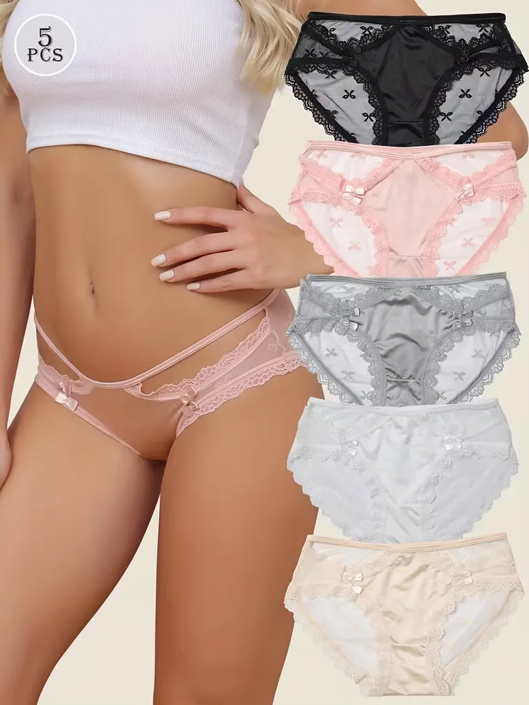 5 Pack Women Mesh Underwear Lace Bikini Panties with Bow