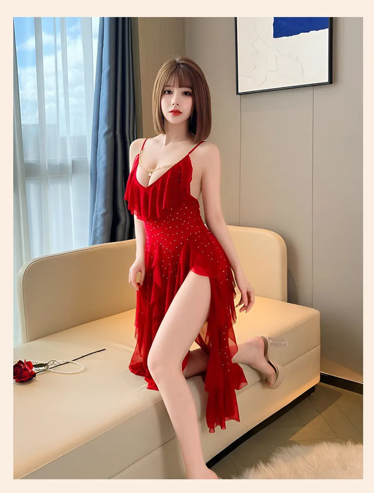 mesh v neck pearl spaghetti strap backless bodycon nightgown