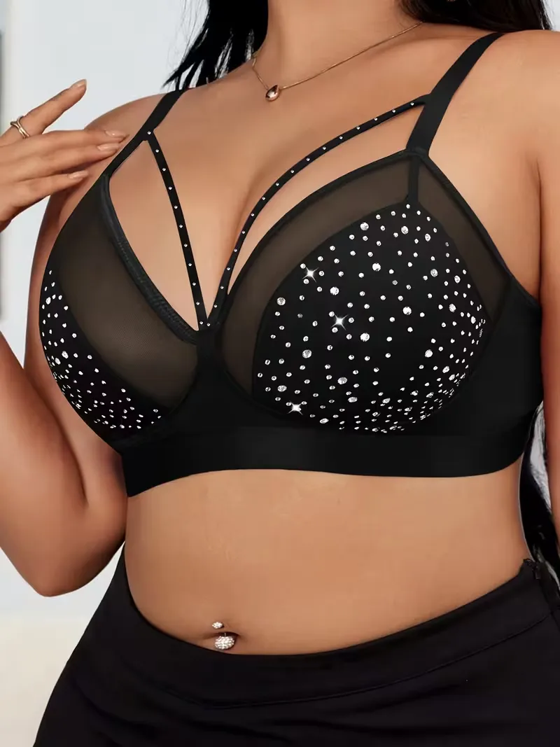 Criss-Cross Straps Sheer Mesh Rhinestone Bra