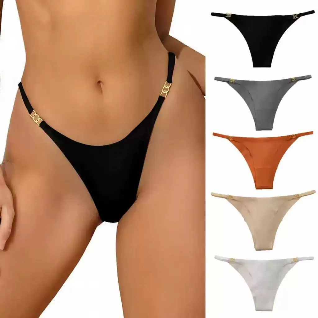 5 Pcs Ice Silk High Cut Thong with Gold Chain Straps Seamless Underwear