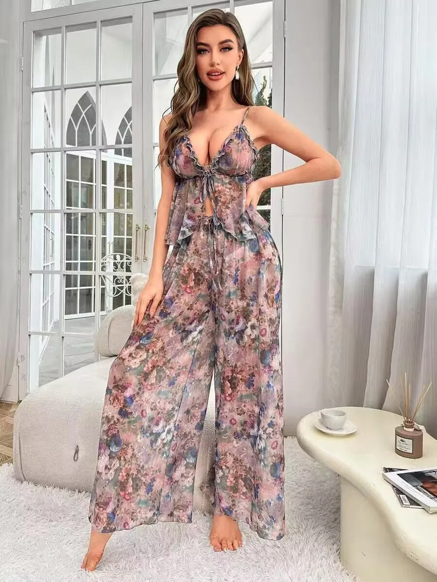 Underwear bundle Floral Print Tie Front Mesh Nightwear