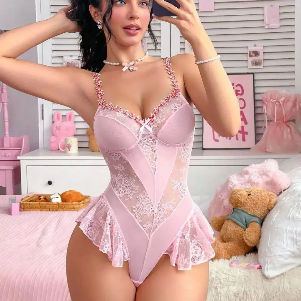 Lace Ruffle Flower Crochet Thong Bodysuit