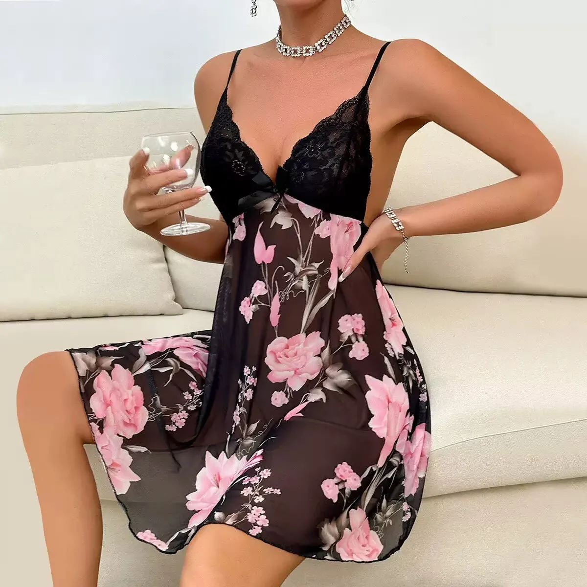 lace camisole mesh printed nightgown sleepwear short dress