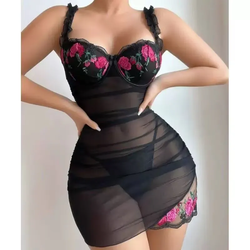 mesh spaghetti strap embroidered bodycon nightdress