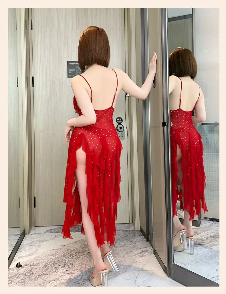 mesh v neck pearl spaghetti strap backless bodycon nightgown