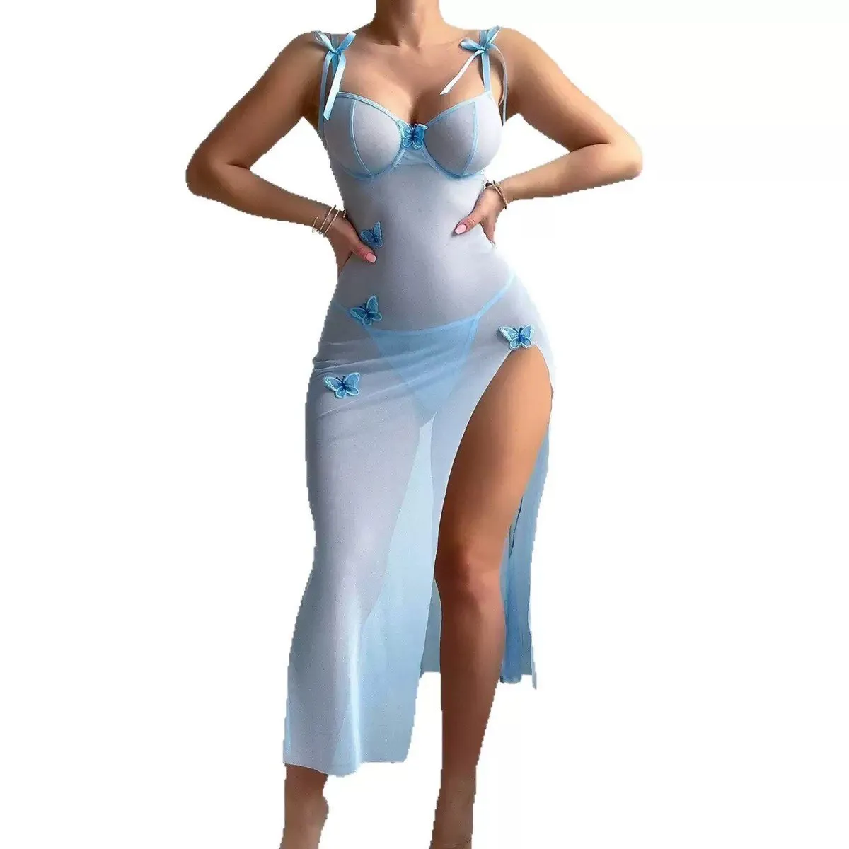 Mesh Long Nightwear with Butterfly Embroidery Split Lingerie Dress