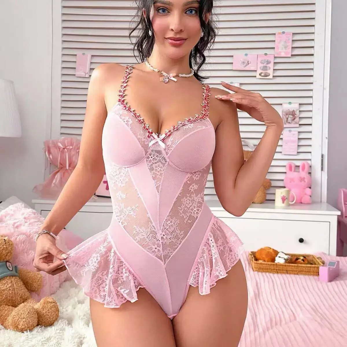 Lace Ruffle Flower Crochet Thong Bodysuit