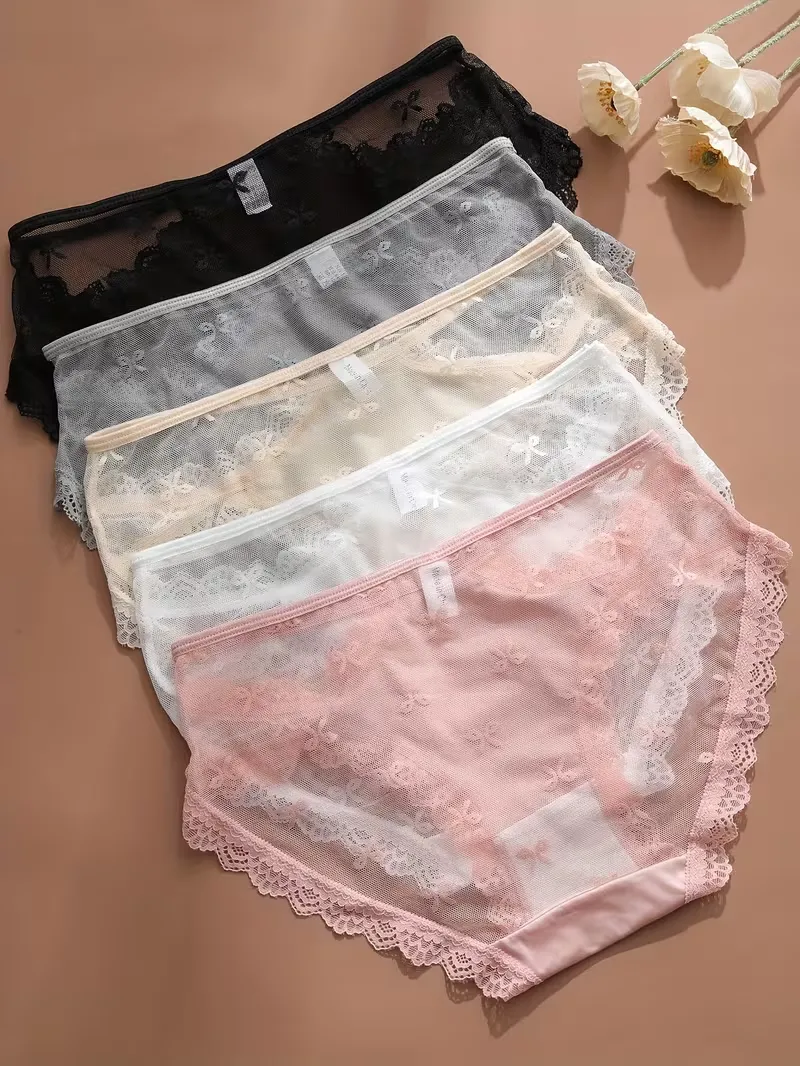 5 Pack Women Mesh Underwear Lace Bikini Panties with Bow