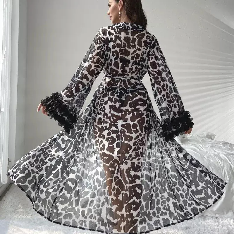 Leopard Print Sleepwear Women Mesh Transparent Nightcoat