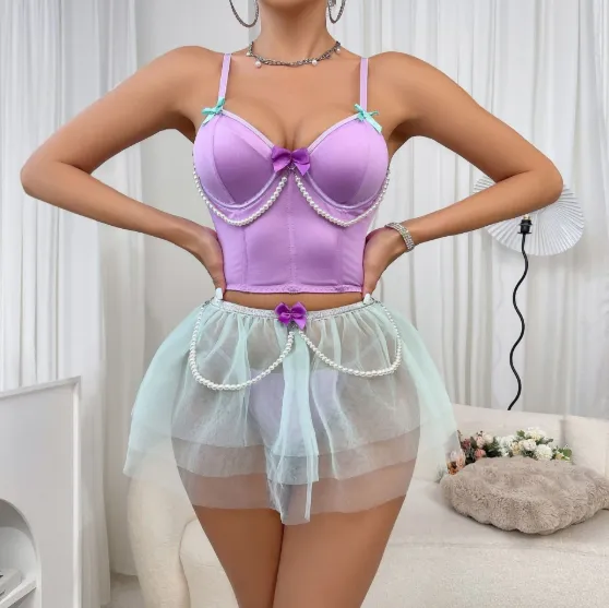 beaded bow spaghetti strap bra with pearlescent tulle skirt sleepwear set