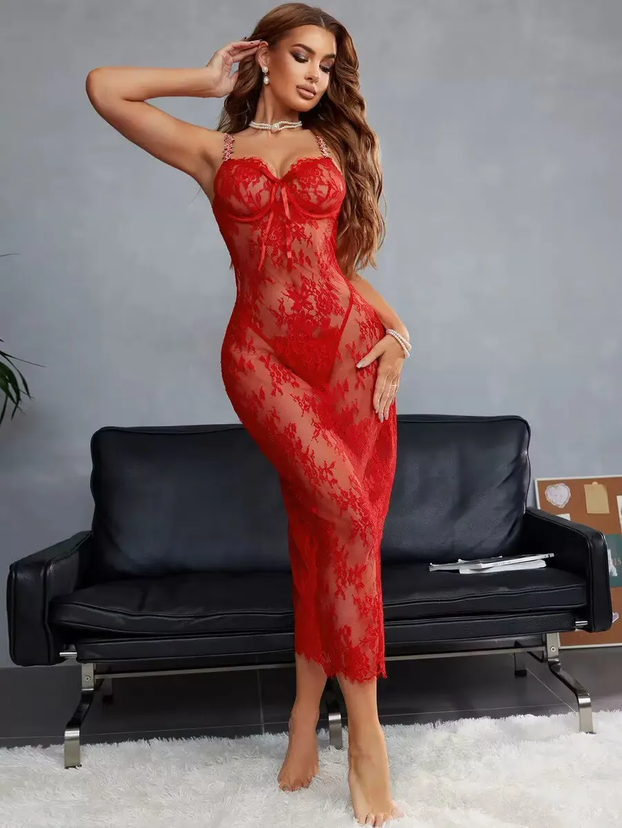 lace mesh night wear long dress