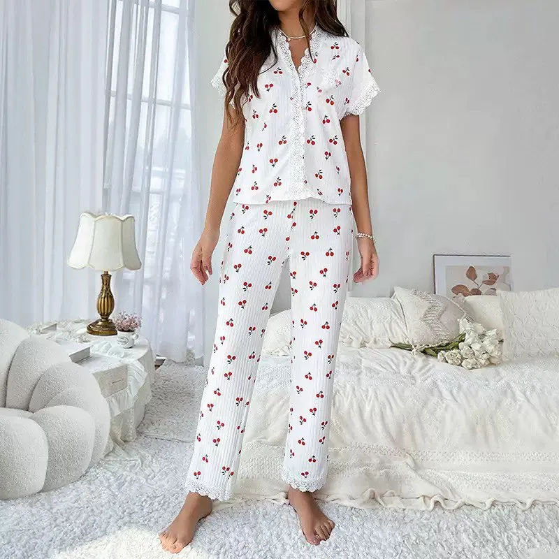 women printed short sleeve lace pajama set