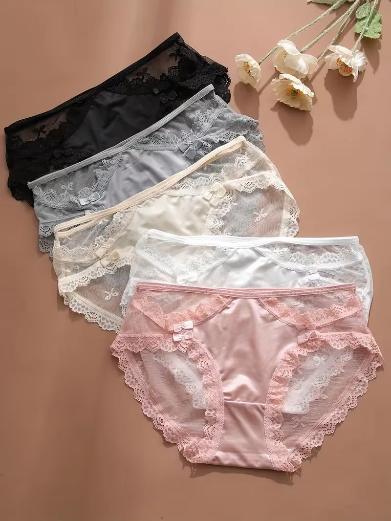 5 Pack Women Mesh Underwear Lace Bikini Panties with Bow