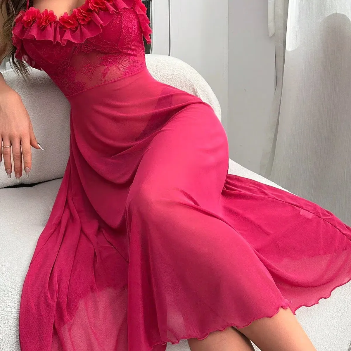 lace ruffle trim camisole nightgown mesh long sleepwear