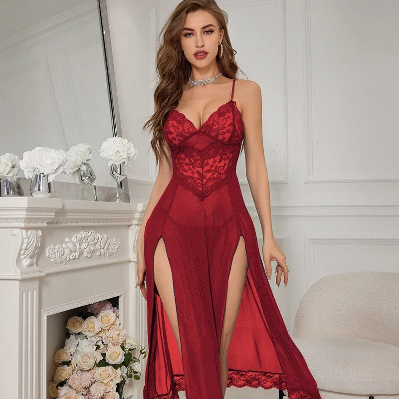 lace split nightgown mesh long sleep dress