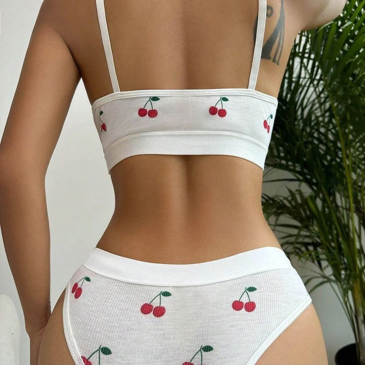 cherry print nightwear bra and underwear set