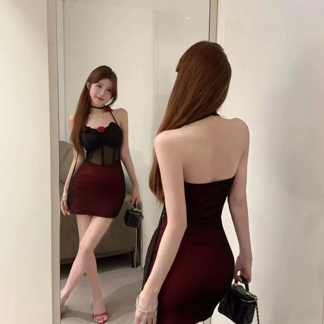 mesh floral backless halter bodycon nightdress