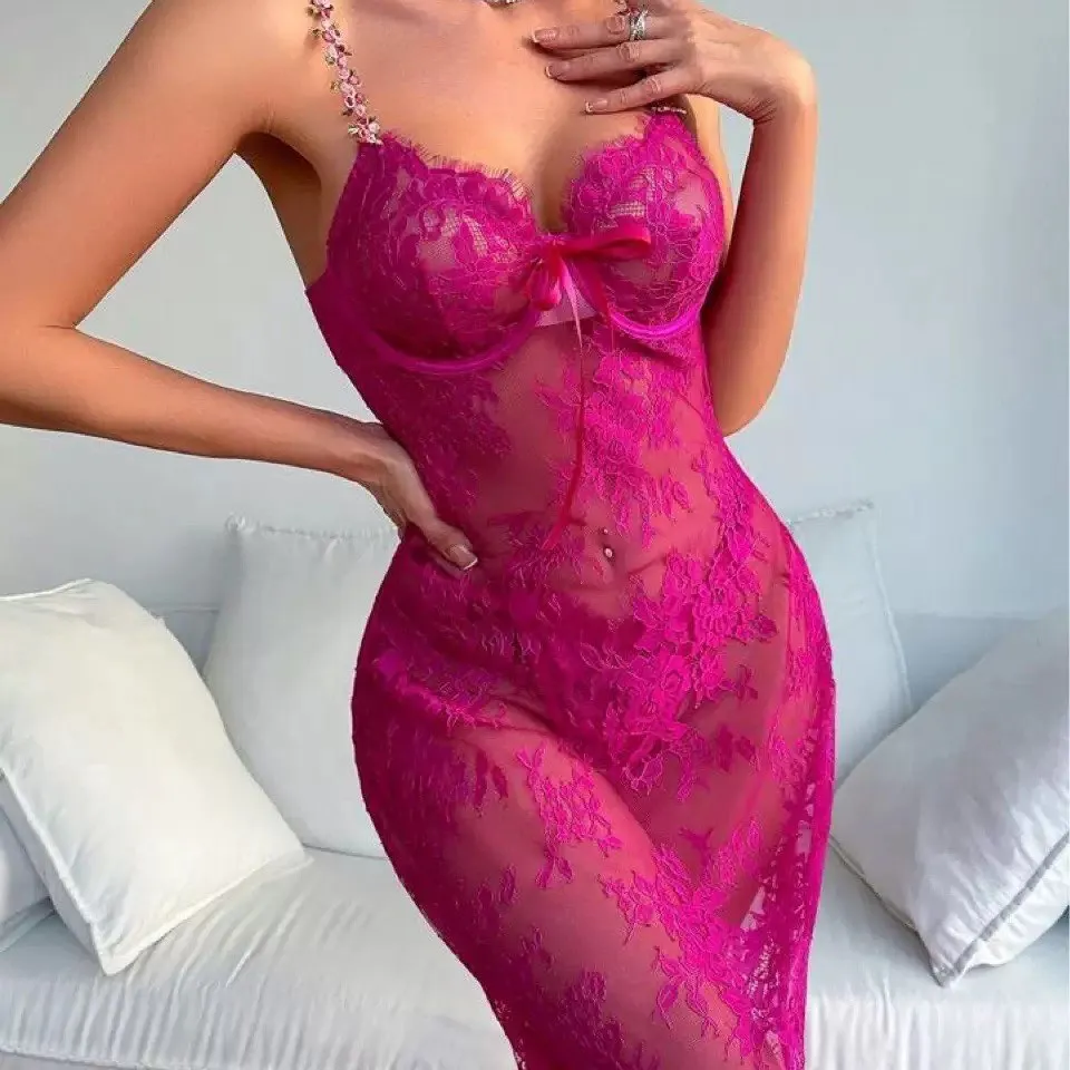 lace mesh night wear long dress