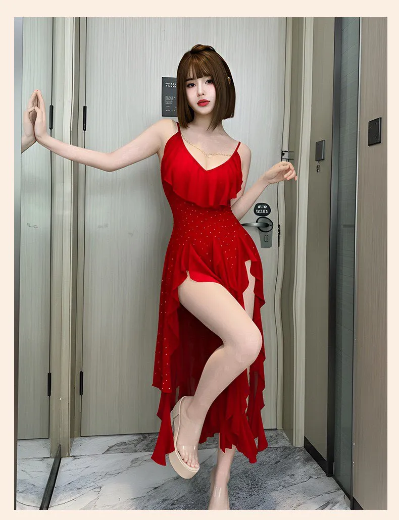 mesh v neck pearl spaghetti strap backless bodycon nightgown