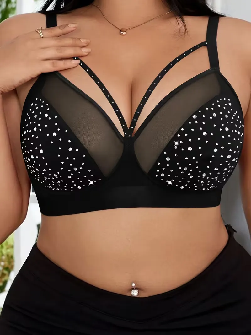 Criss-Cross Straps Sheer Mesh Rhinestone Bra