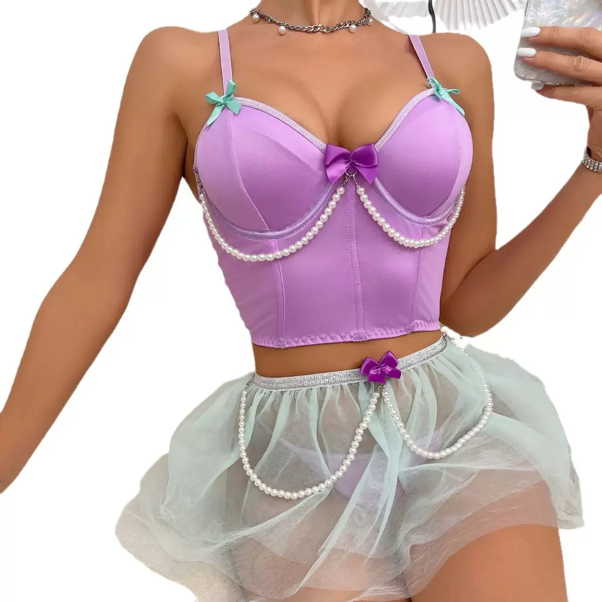 beaded bow spaghetti strap bra with pearlescent tulle skirt sleepwear set