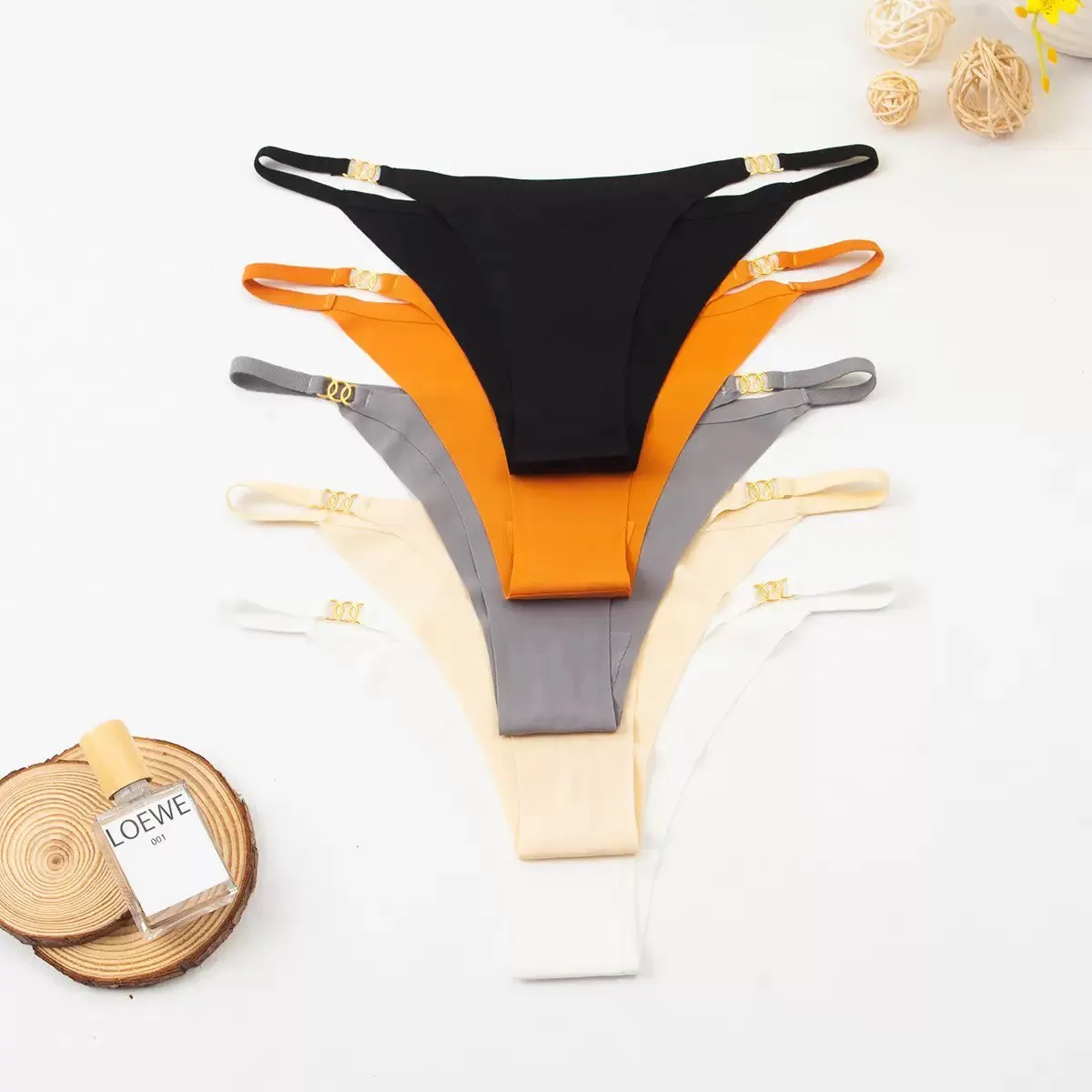 5 Pcs Ice Silk High Cut Thong with Gold Chain Straps Seamless Underwear