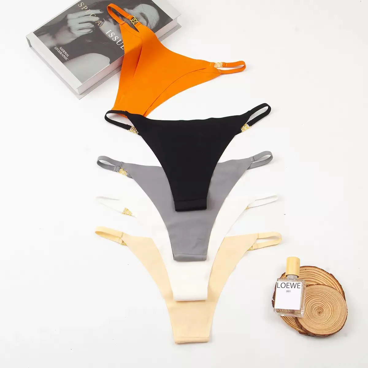 5 Pcs Ice Silk High Cut Thong with Gold Chain Straps Seamless Underwear