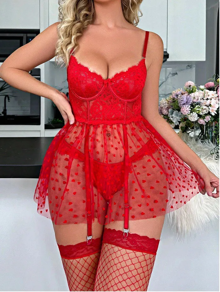 lace spaghetti strap heart print mini nightdress