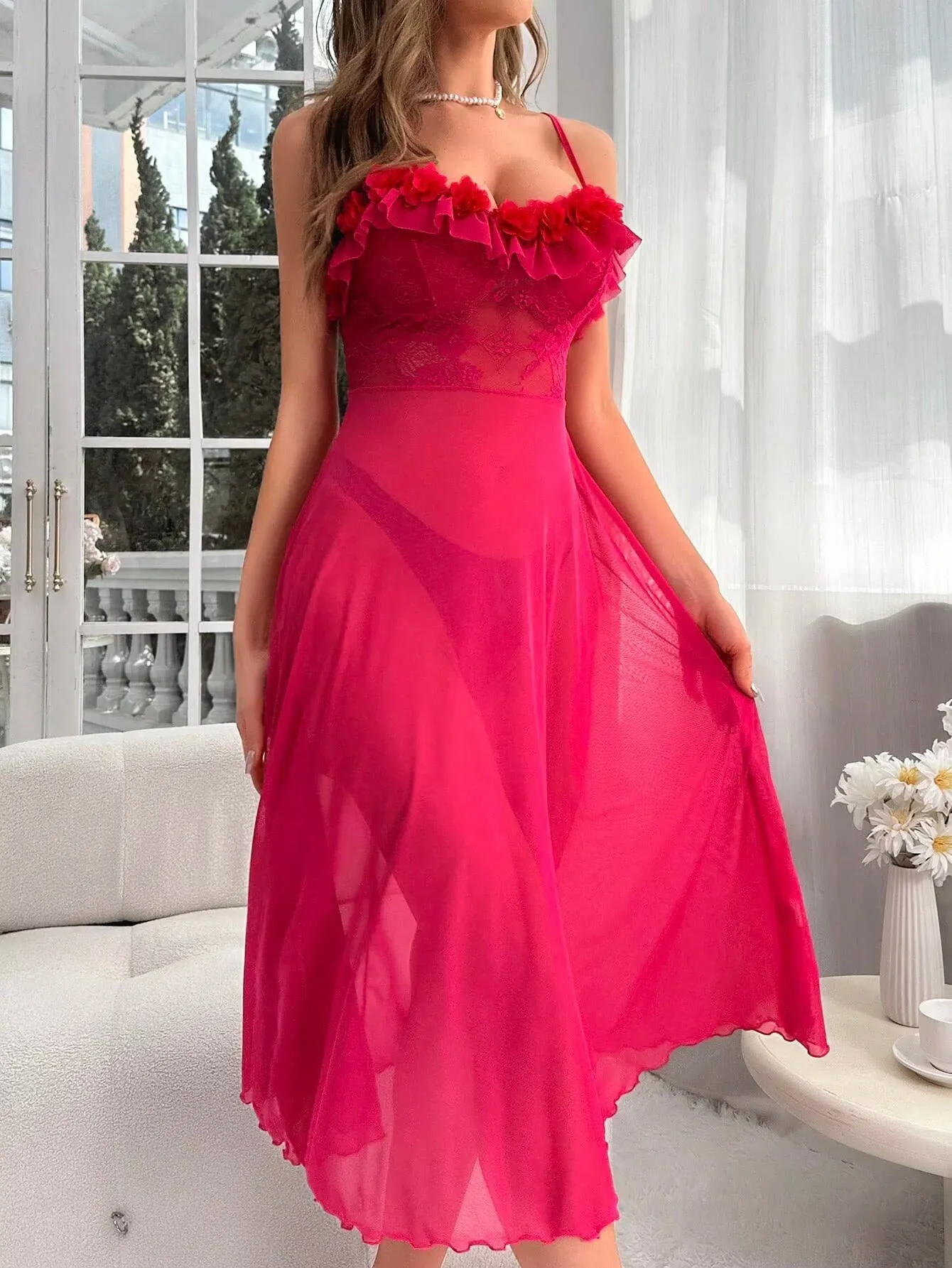 lace ruffle trim camisole nightgown mesh long sleepwear