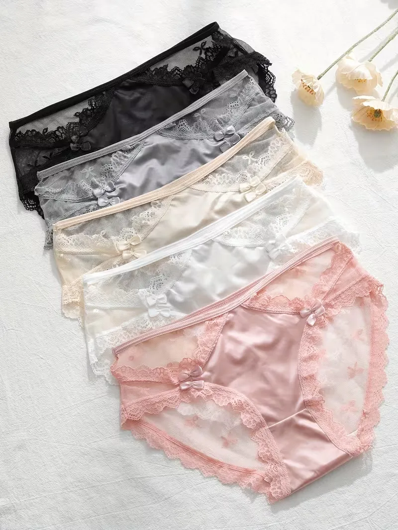 5 Pack Women Mesh Underwear Lace Bikini Panties with Bow
