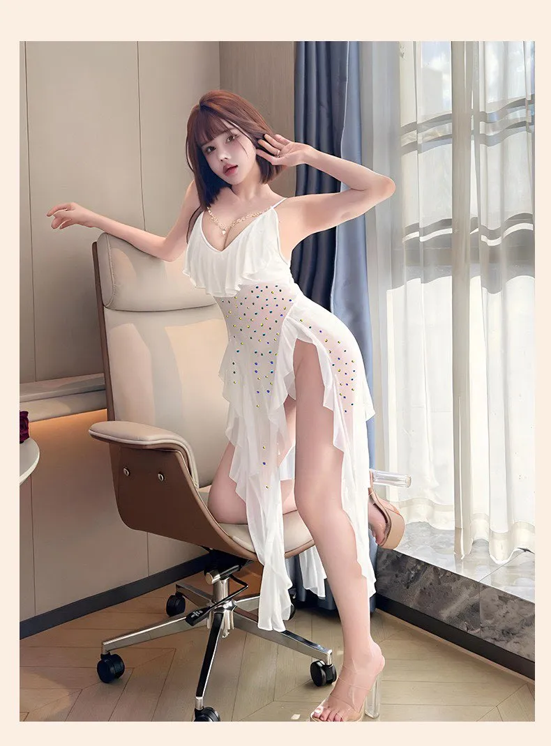 mesh v neck pearl spaghetti strap backless bodycon nightgown