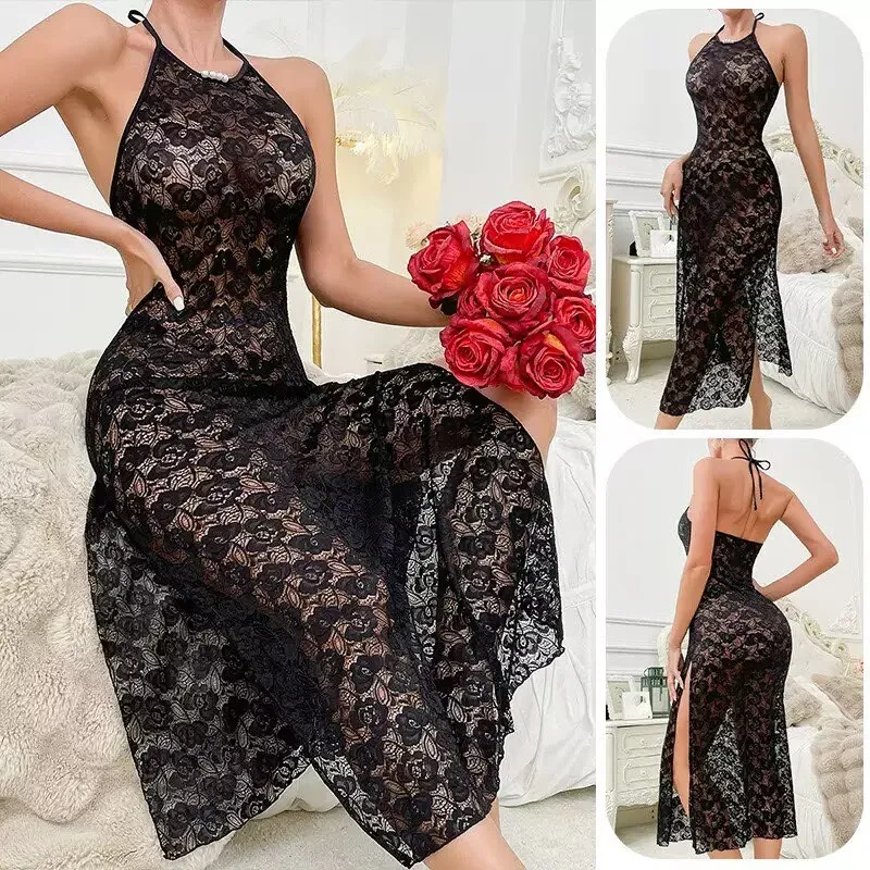 lace halter neck split nightdress