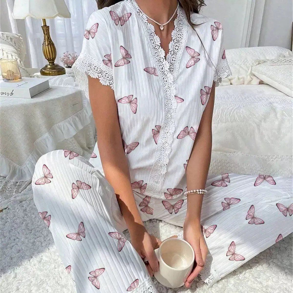 women printed short sleeve lace pajama set