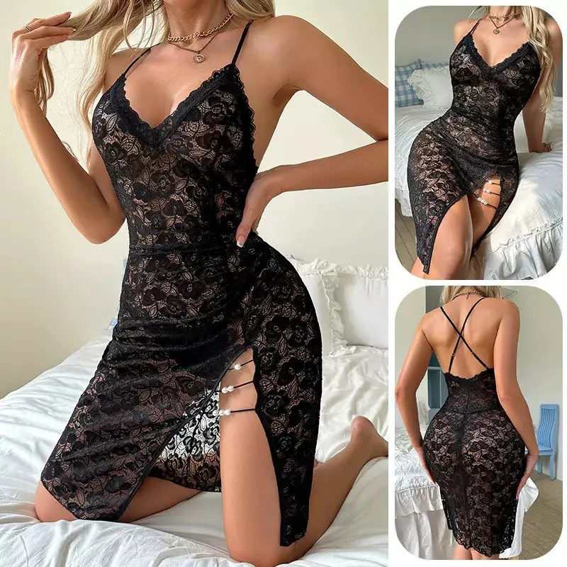 lace v neck spaghetti strap backless split pearl embellished nightdress